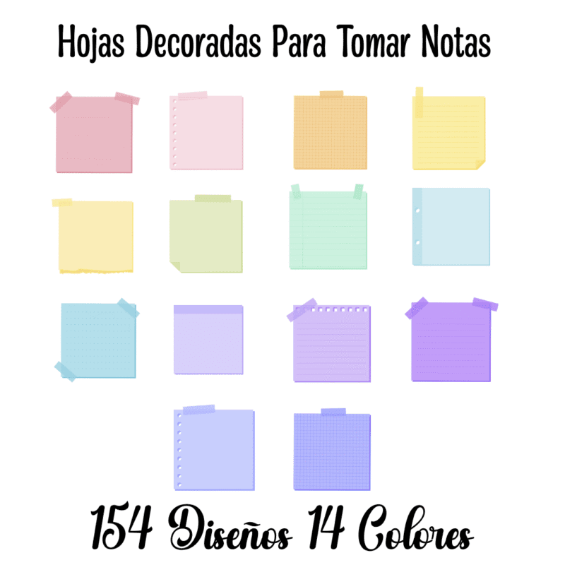 Hojas Decoradas para Tomar Notas – 154 Diseños PNG en 14 Colores | Recursos Digitales para Imprimir