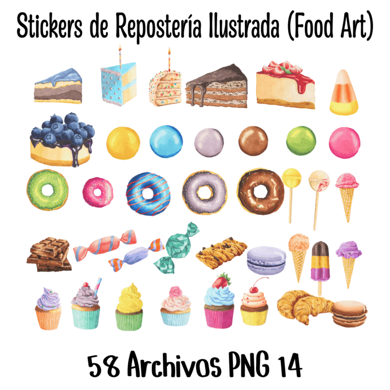 stickers de repostería, food art PNG, stickers digitales de cocina, ilustraciones de postres, stickers imprimibles
