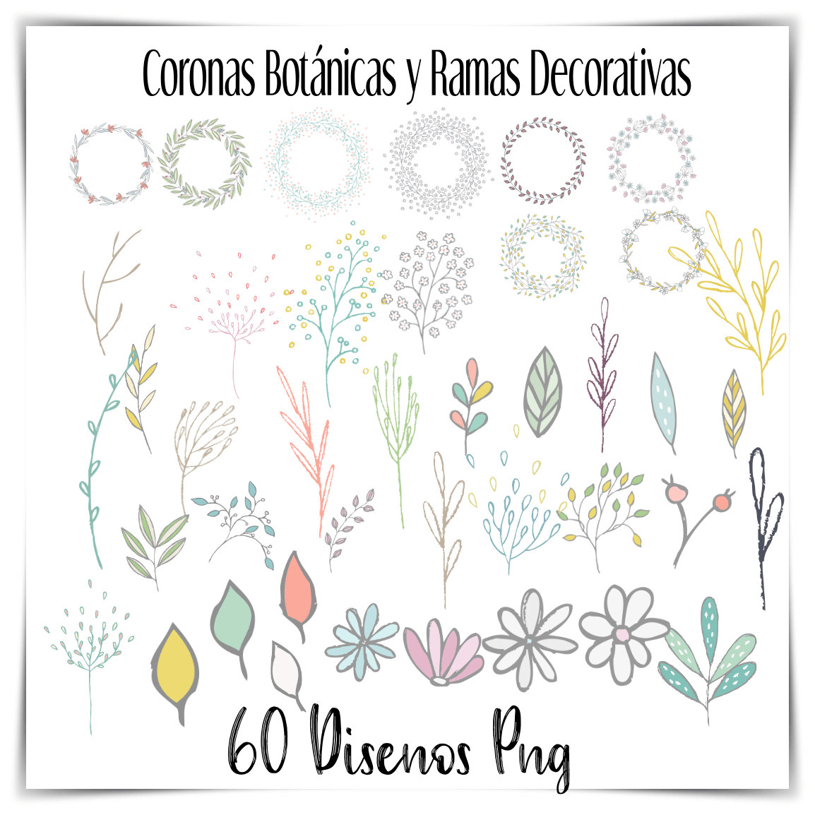 coronas botánicas PNG, ramas decorativas digitales, ilustraciones florales PNG, stickers botánicos para imprimir