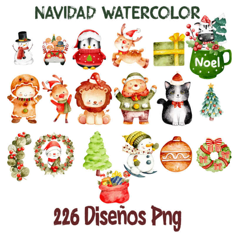 Stickers Navidad Watercolor – 226 Diseños PNG | Ilustraciones Navideñas Digitales para Imprimir