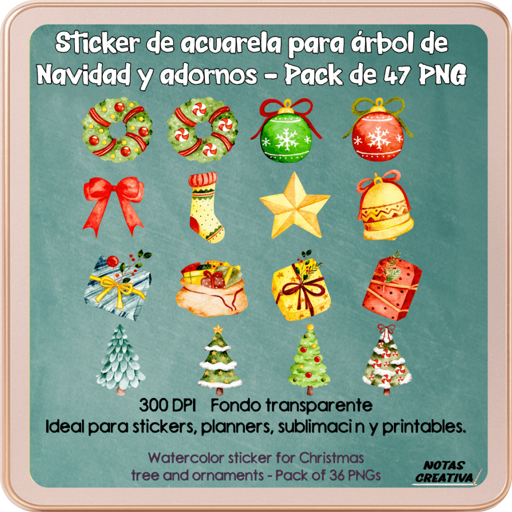 Sticker de acuarela para árbol de Navidad y adornos