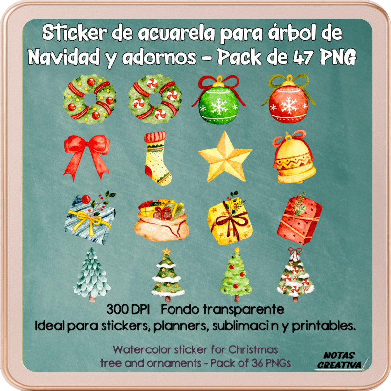 Sticker de acuarela para árbol de Navidad y adornos