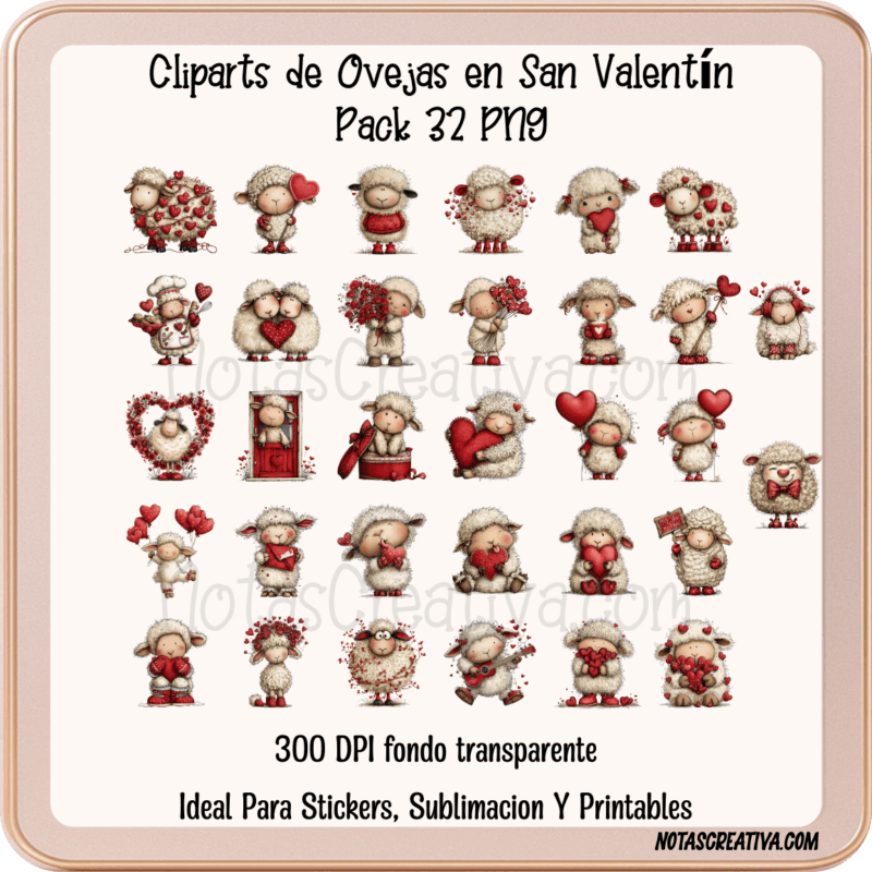Clipart de Ovejas de San Valentín | 32 PNG | 300 DPI Fondo Transparente para Stickers y Sublimación.