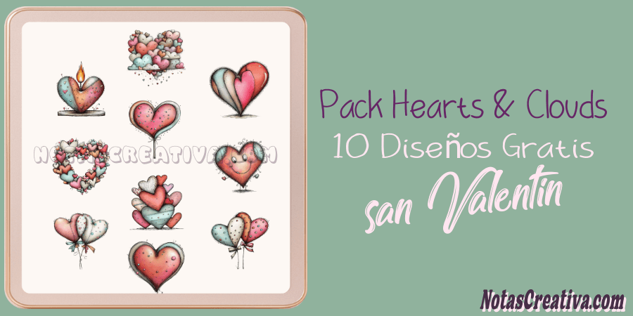 Set de 57 ilustraciones de corazones y nubes PNG transparente 300 DPI para diseño de papelería infantil y sublimación.