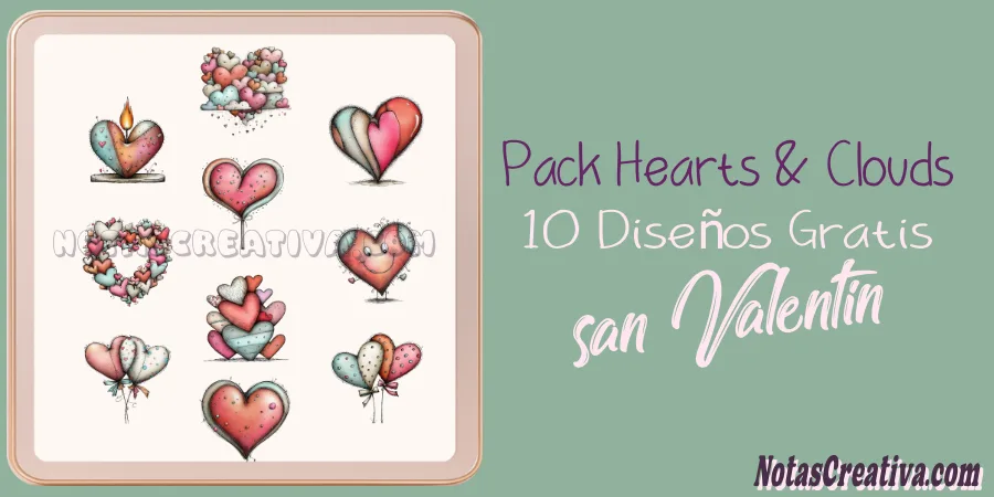 Set de 57 ilustraciones de corazones y nubes PNG transparente 300 DPI para diseño de papelería infantil y sublimación.