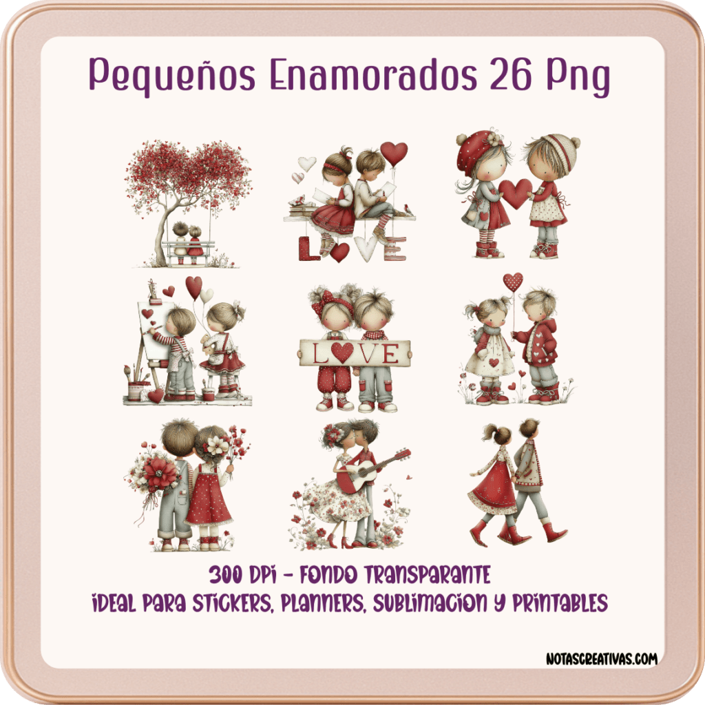 Ilustraciones de parejas pequeñas enamoradas en formato PNG transparente 300 DPI para sublimación