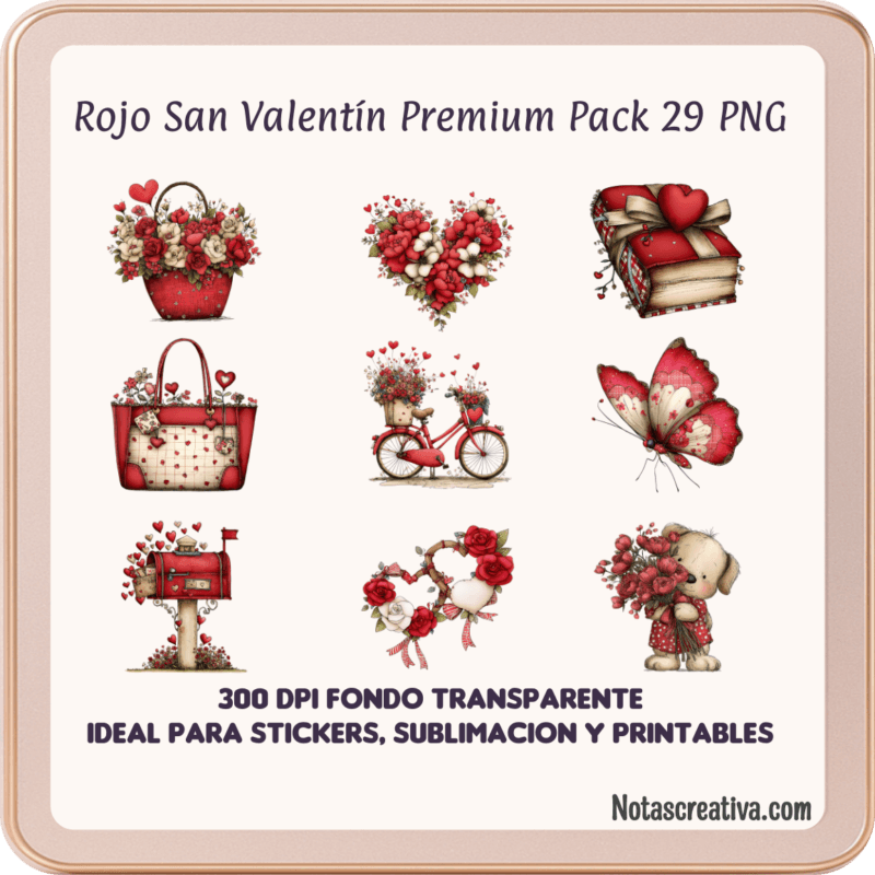 Diseños de San Valentín en color rojo premium, 29 archivos PNG transparentes 300 DPI para impresión y sublimación.