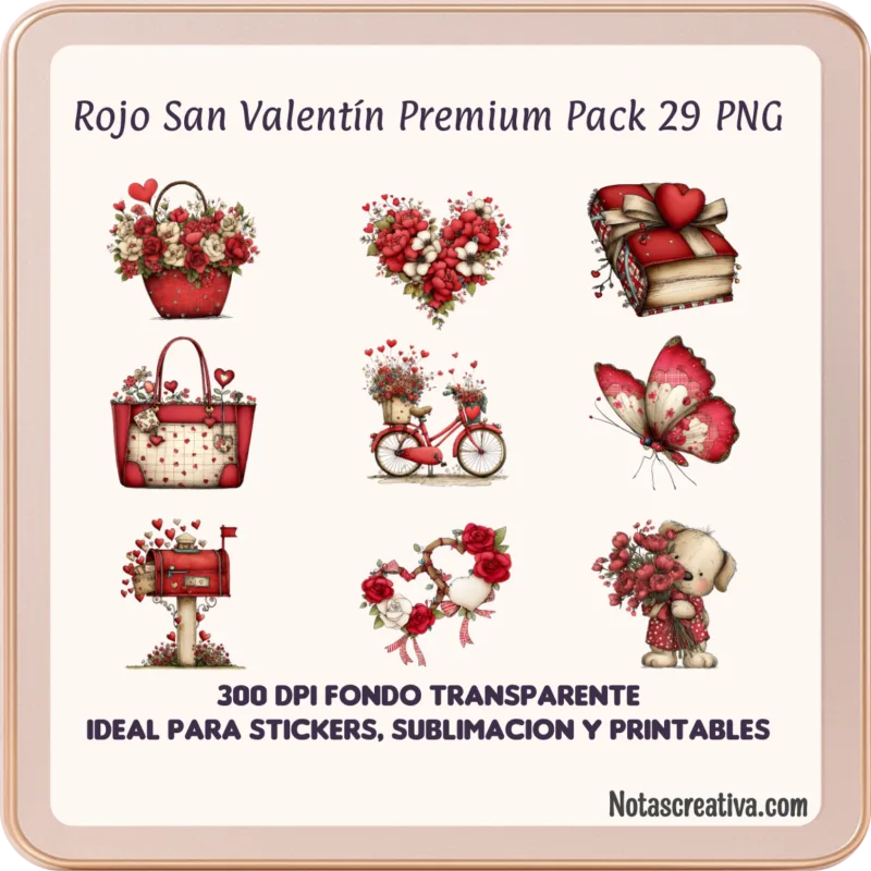 Diseños de San Valentín en color rojo premium, 29 archivos PNG transparentes 300 DPI para impresión y sublimación.