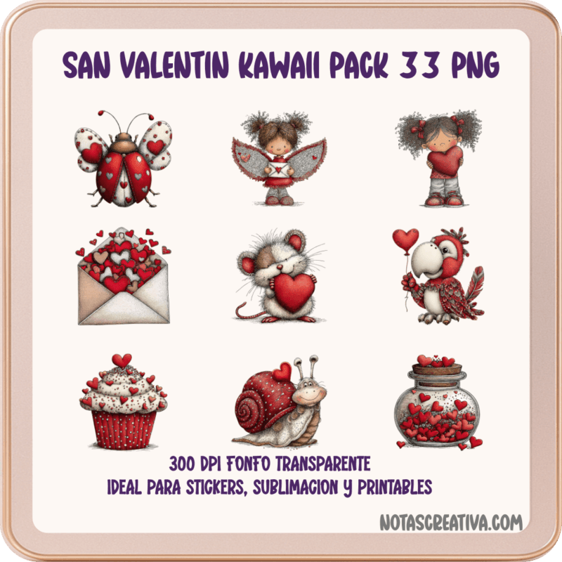Ilustraciones Kawaii de San Valentín en PNG transparente 300 DPI para stickers y sublimación