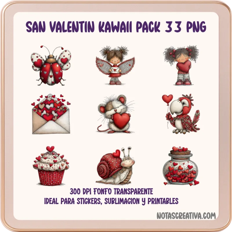 Ilustraciones Kawaii de San Valentín en PNG transparente 300 DPI para stickers y sublimación