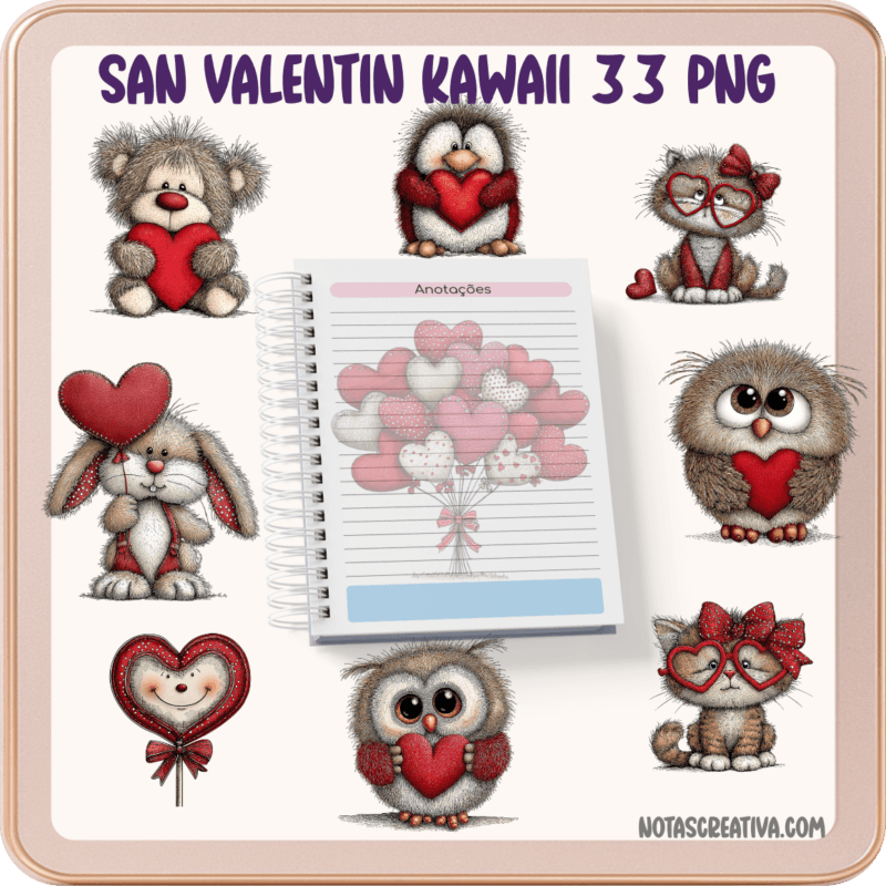 Ilustraciones Kawaii de San Valentín en PNG transparente 300 DPI para stickers y sublimación