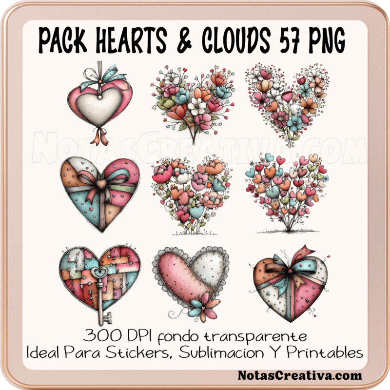 Set de 57 ilustraciones de corazones y nubes PNG transparente 300 DPI para diseño de papelería infantil y sublimación