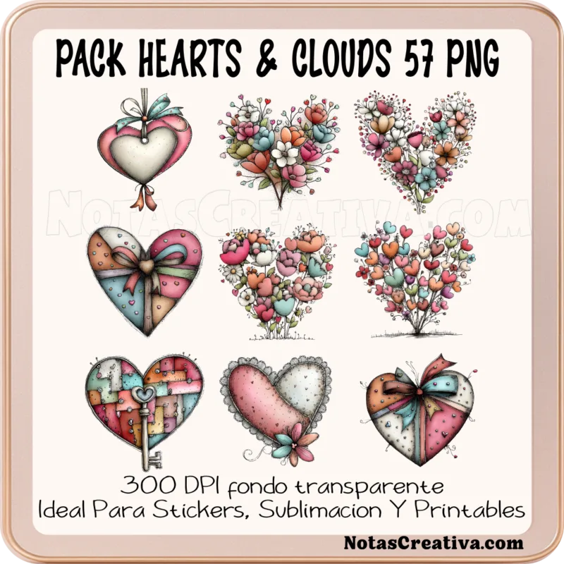 Set de 57 ilustraciones de corazones y nubes PNG transparente 300 DPI para diseño de papelería infantil y sublimación