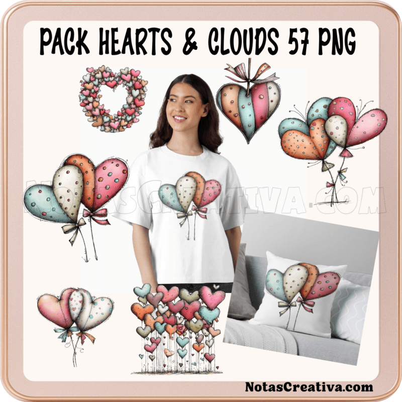 Set de 57 ilustraciones de corazones y nubes PNG transparente 300 DPI para diseño de papelería infantil y sublimación