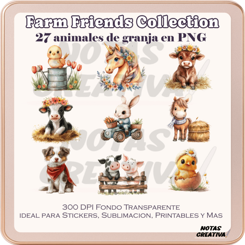 Animales de granja adorables, estilo artístico y perfecto para stickers, planners, invitaciones y journaling