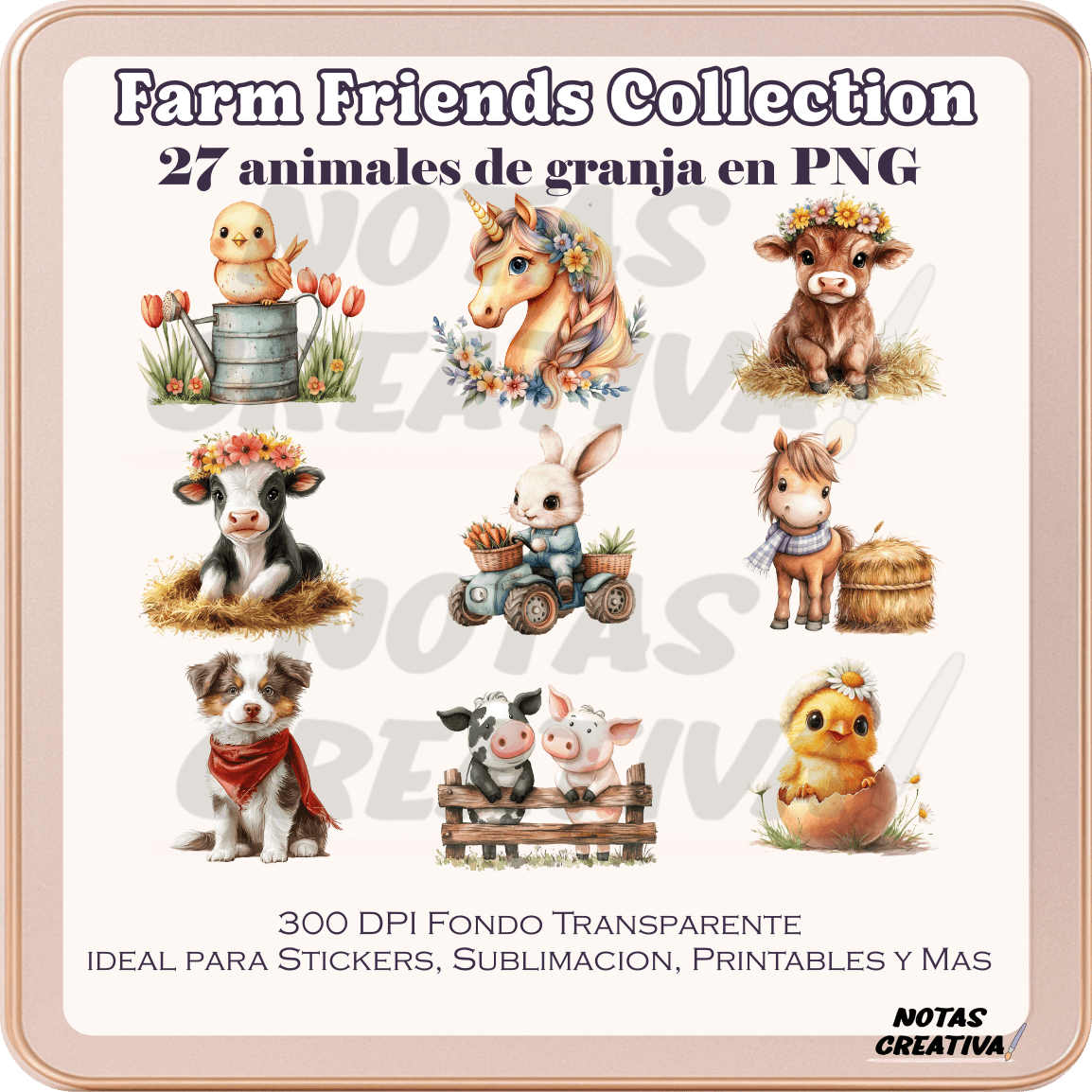 Animales de granja adorables, estilo artístico y perfecto para stickers, planners, invitaciones y journaling
