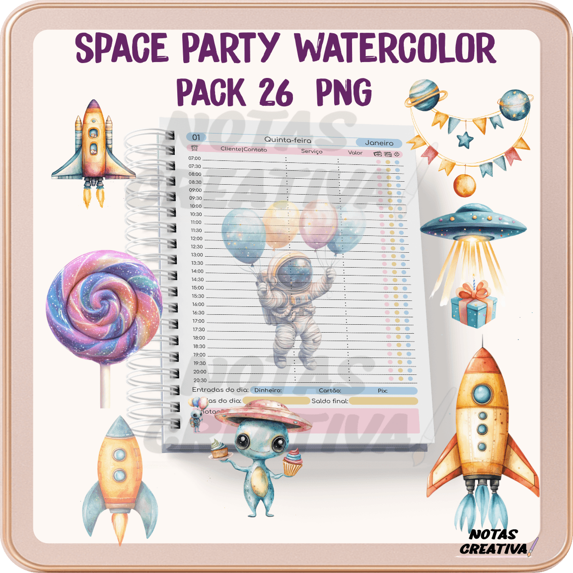 Space Party Watercolor Pack: 26 PNG de Fiesta Espacial en Acuarela para Decorar y Crear - Imagen 2
