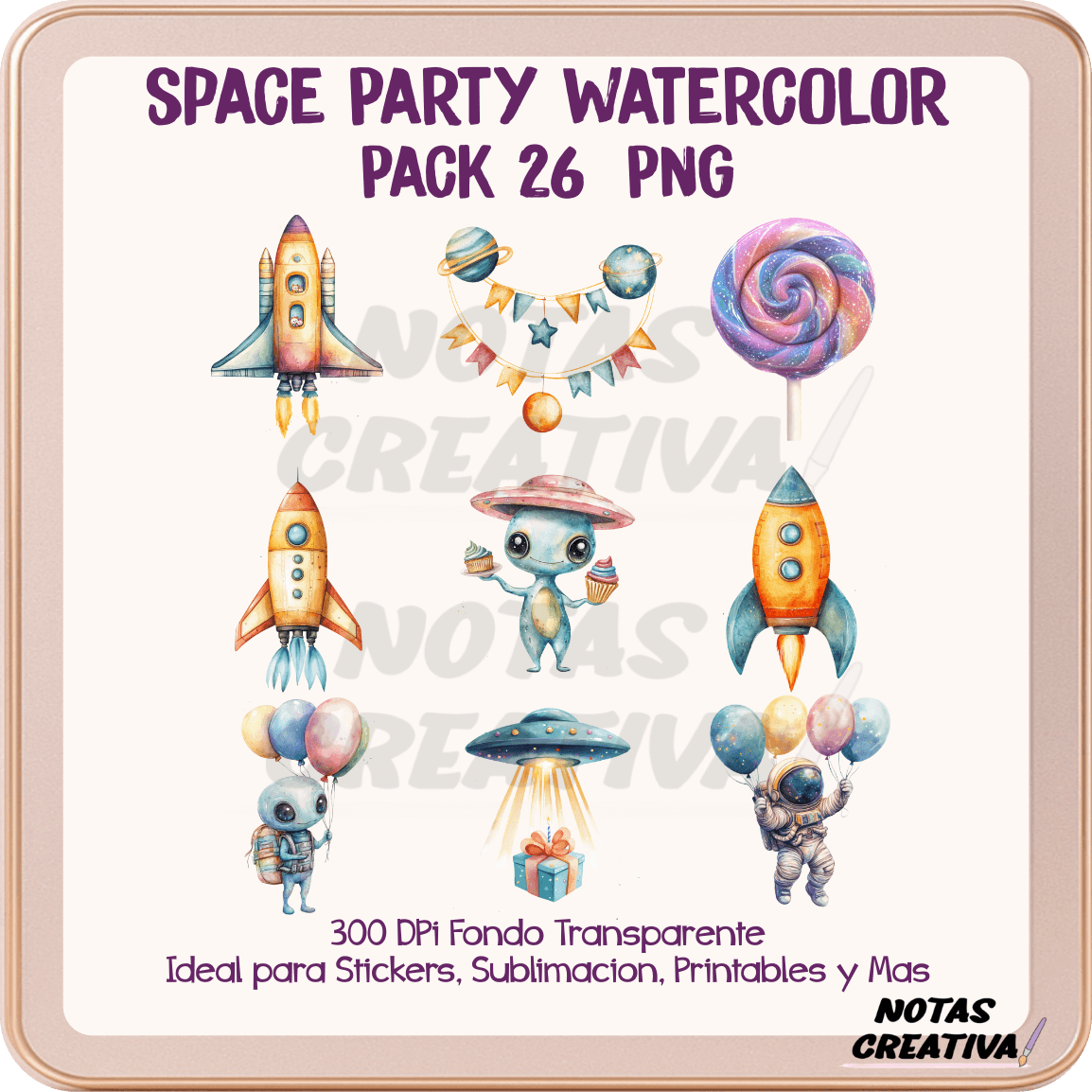 Fiesta Espacial en Acuarela para Decorar y Crear, Stickers digitales