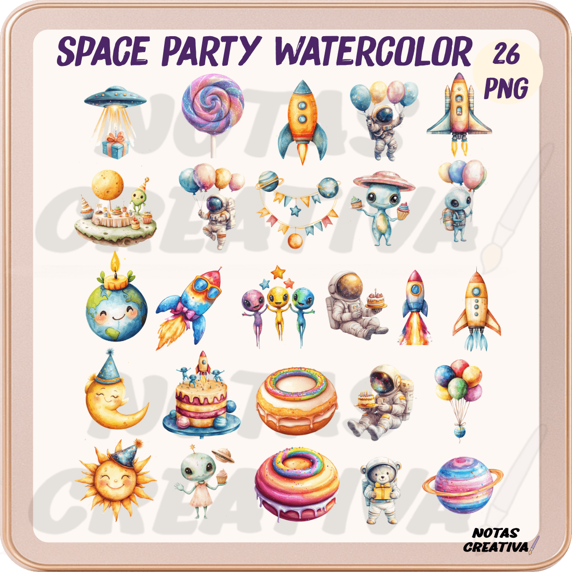 Fiesta Espacial en Acuarela para Decorar y Crear, Stickers digitales